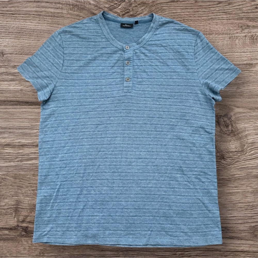 Marc Anthony XXL Blue Striped Short Sleeve Henley Shirt Cotton Blend Casual Tee